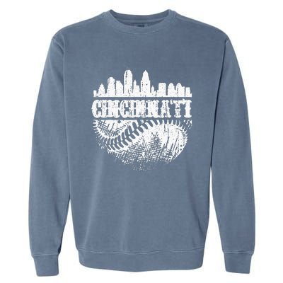 Vintage Cincinnati Skyline City Baseball Met At Gameday Garment-Dyed Sweatshirt