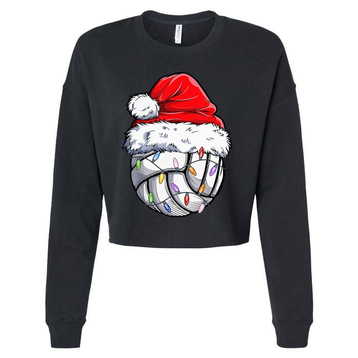 Volleyball Christmas Santa Hat Funny Volleyball Xmas Cropped Pullover Crew