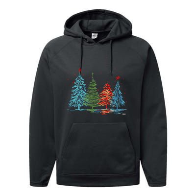 Vintage Christmas Trees Hand Drawing Christmas Trees Performance Fleece Hoodie