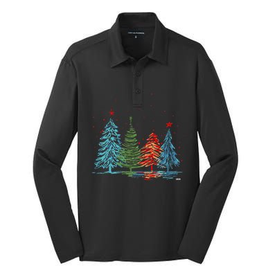 Vintage Christmas Trees Hand Drawing Christmas Trees Silk Touch Performance Long Sleeve Polo