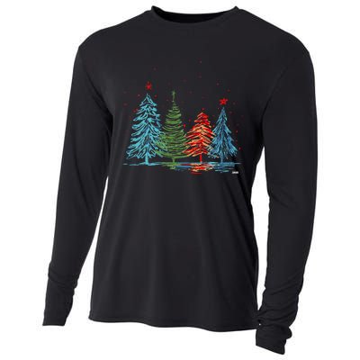 Vintage Christmas Trees Hand Drawing Christmas Trees Cooling Performance Long Sleeve Crew