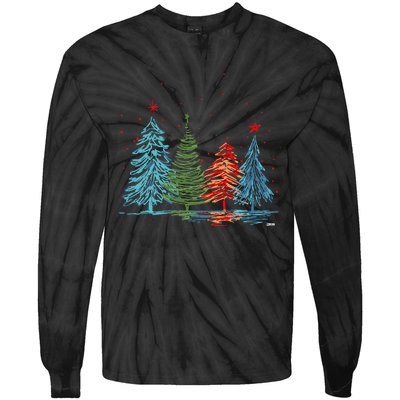 Vintage Christmas Trees Hand Drawing Christmas Trees Tie-Dye Long Sleeve Shirt