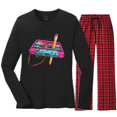 Vintage Cassette Tape Pencil 70s 80s 90s Music Mixtape Women's Long Sleeve Flannel Pajama Set 