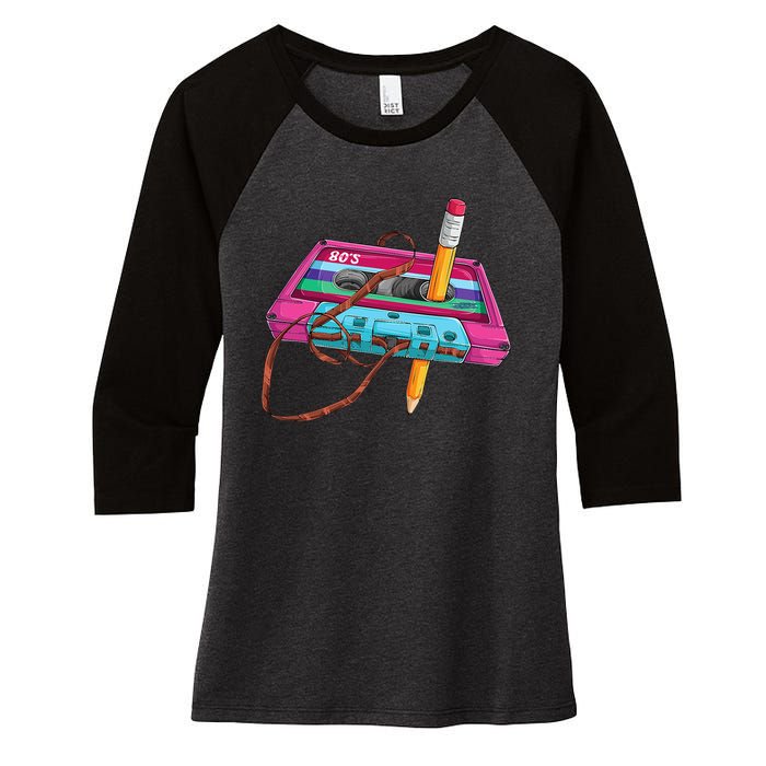 Vintage Cassette Tape Pencil 70s 80s 90s Music Mixtape Women's Tri-Blend 3/4-Sleeve Raglan Shirt