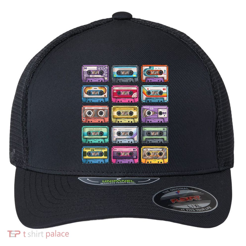 Vintage Cassette Tapes Collection 80s 90s Music Mixtape Flexfit Unipanel Trucker Cap