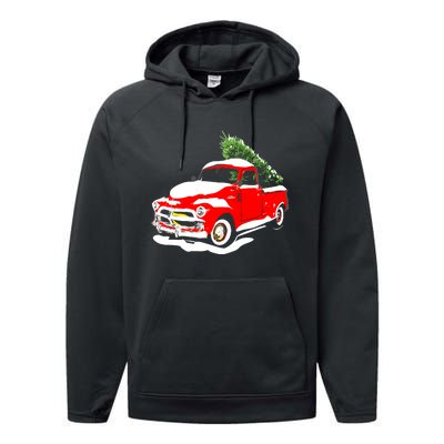 Vintage Christmas Tree Truck Funny Retro Xmas Gift Performance Fleece Hoodie