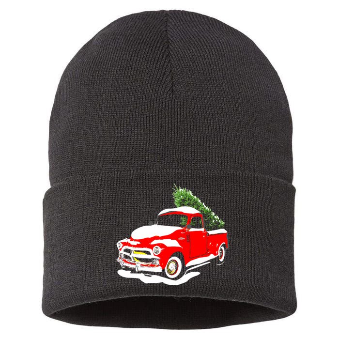 Vintage Christmas Tree Truck Funny Retro Xmas Gift Sustainable Knit Beanie