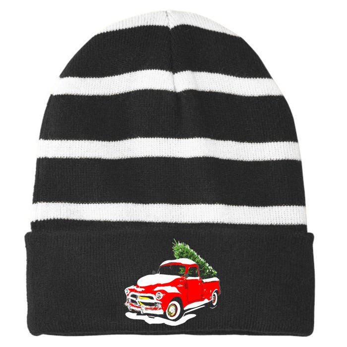 Vintage Christmas Tree Truck Funny Retro Xmas Gift Striped Beanie with Solid Band