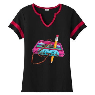 Vintage Cassette Tape Pencil 70s 80s 90s Music Mixtape Ladies Halftime Notch Neck Tee