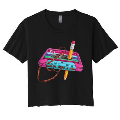 Vintage Cassette Tape Pencil 70s 80s 90s Music Mixtape Women's Crop Top Tee