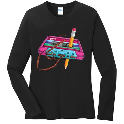 Vintage Cassette Tape Pencil 70s 80s 90s Music Mixtape Ladies Long Sleeve Shirt