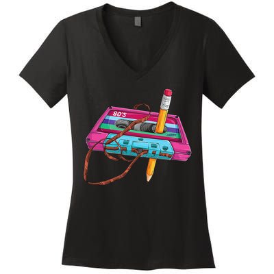 Vintage Cassette Tape Pencil 70s 80s 90s Music Mixtape Women's V-Neck T-Shirt