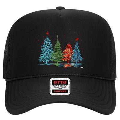 Vintage Christmas Trees Hand Drawing Christmas Trees High Crown Mesh Back Trucker Hat