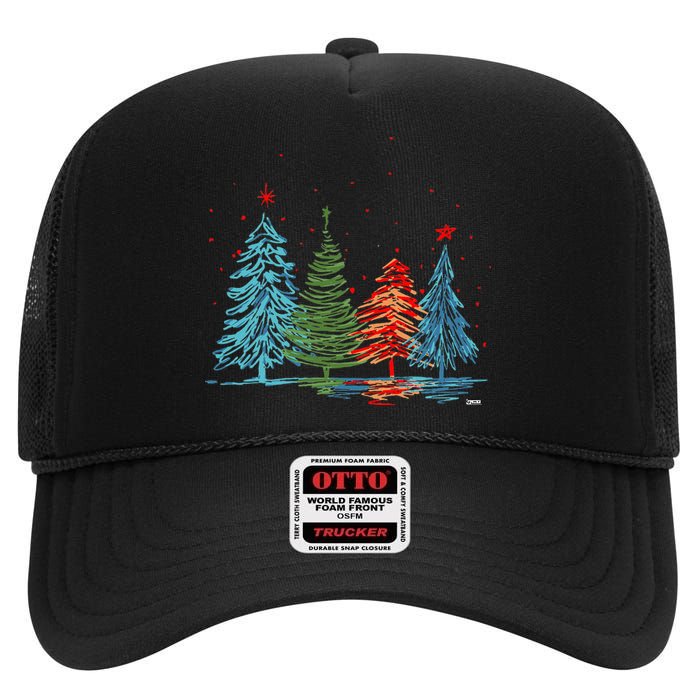 Vintage Christmas Trees Hand Drawing Christmas Trees High Crown Mesh Back Trucker Hat