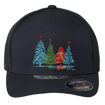 Vintage Christmas Trees Hand Drawing Christmas Trees Flexfit Unipanel Trucker Cap