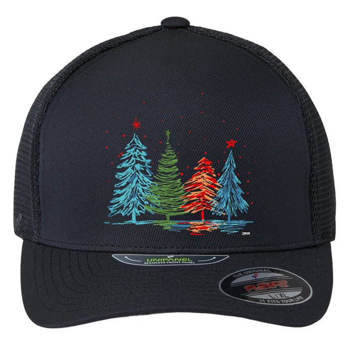 Vintage Christmas Trees Hand Drawing Christmas Trees Flexfit Unipanel Trucker Cap