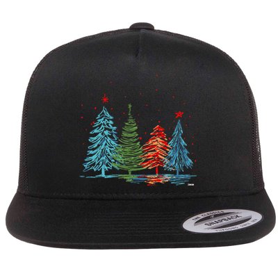 Vintage Christmas Trees Hand Drawing Christmas Trees Flat Bill Trucker Hat