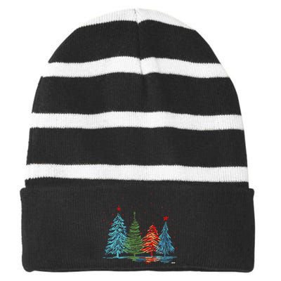 Vintage Christmas Trees Hand Drawing Christmas Trees Striped Beanie with Solid Band