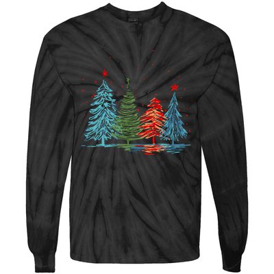 Vintage Christmas Trees Hand Drawing Christmas Trees Tie-Dye Long Sleeve Shirt