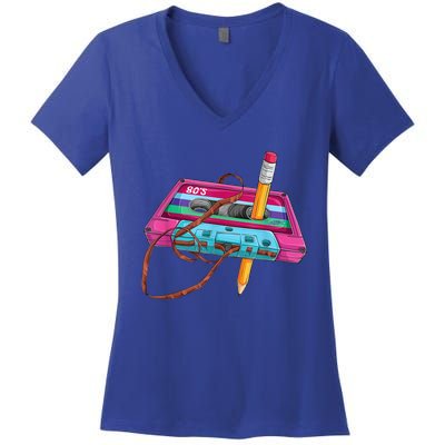 Vintage Cassette Tape Pencil 70's 80's 90's Music Mixtape Women's V-Neck T-Shirt