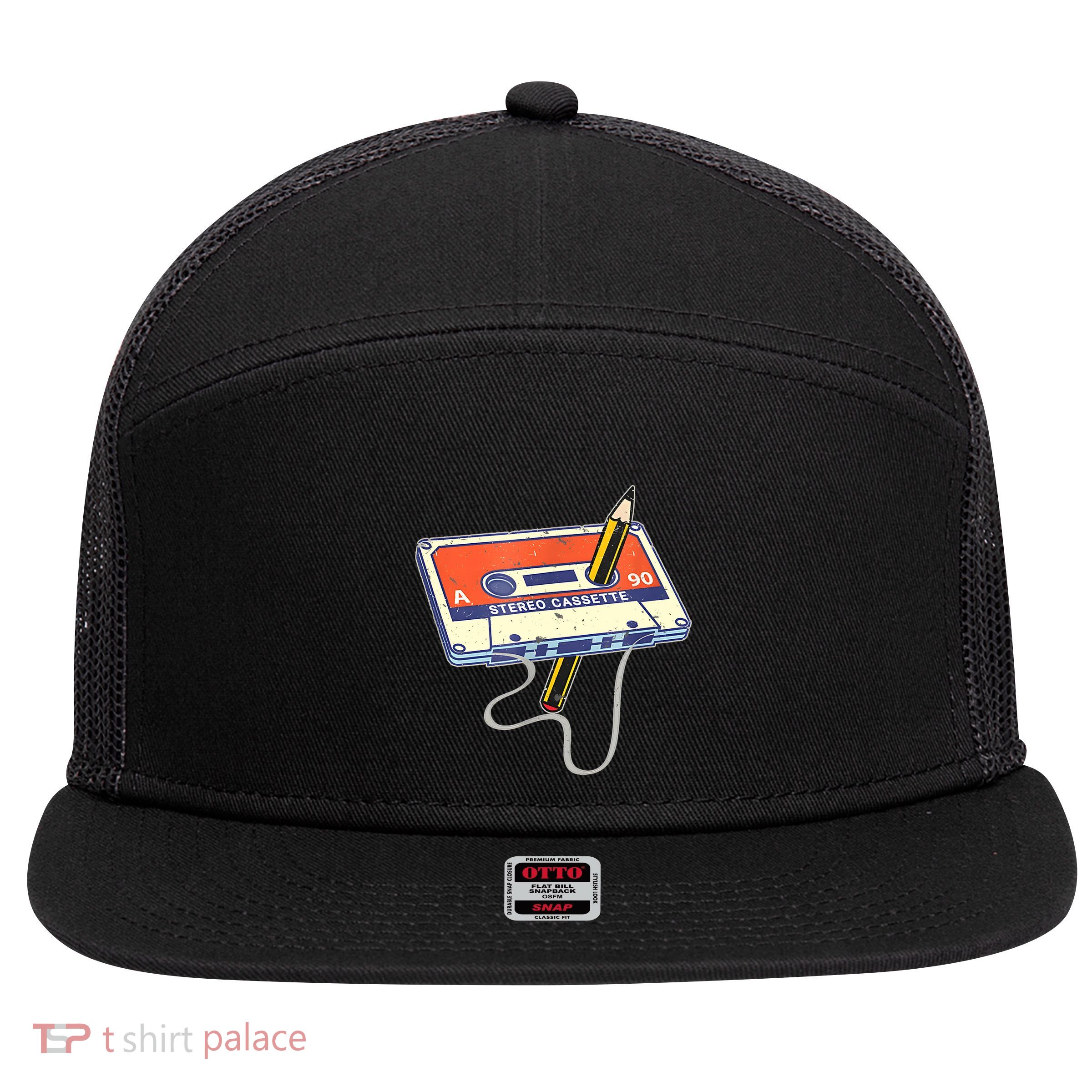 Vintage Cassette Tape Pencil 70S 80S 90S Music Mixtape 7 Panel Mesh Trucker Snapback Hat