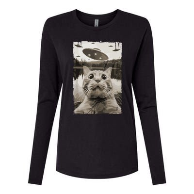 Vintage Cat Ufo Encounters Funny Ufo And Cat Selfie Womens Cotton Relaxed Long Sleeve T-Shirt