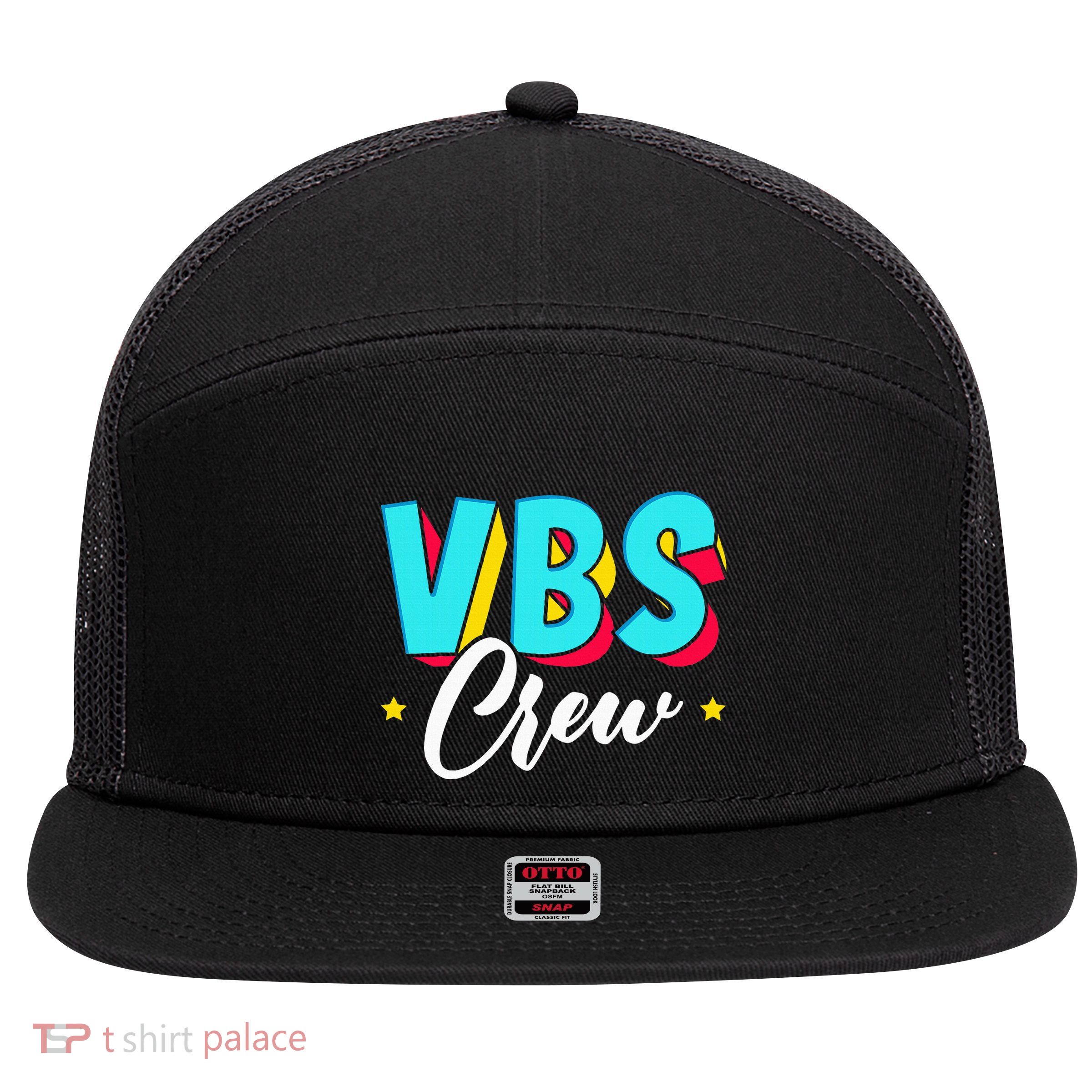 Vbs Crew Vacation Bible School Paint Splatter Christian 7 Panel Mesh Trucker Snapback Hat