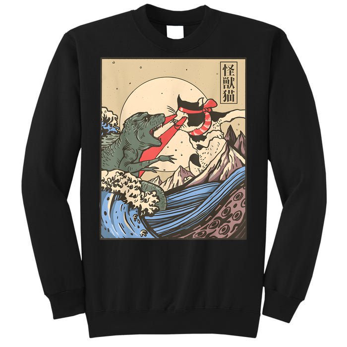 Vintage Cat Vs Monster Retro Japanese Great Wave Otaku Manga Sweatshirt