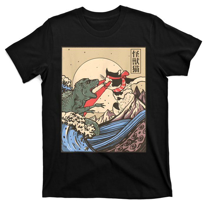 Vintage Cat Vs Monster Retro Japanese Great Wave Otaku Manga T-Shirt