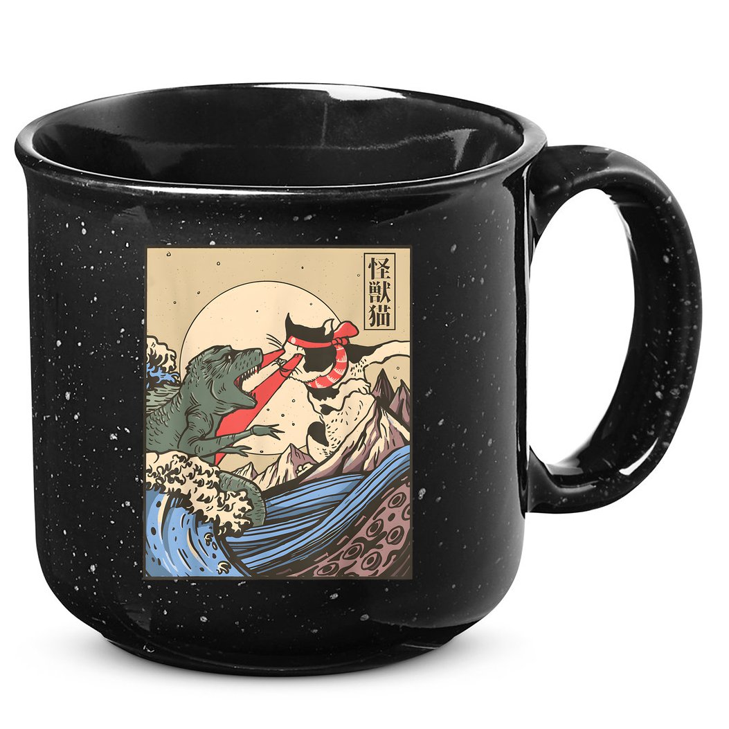 Vintage Cat Vs Monster Retro Japanese Great Wave Otaku Manga 15oz Campfire Ceramic Mug