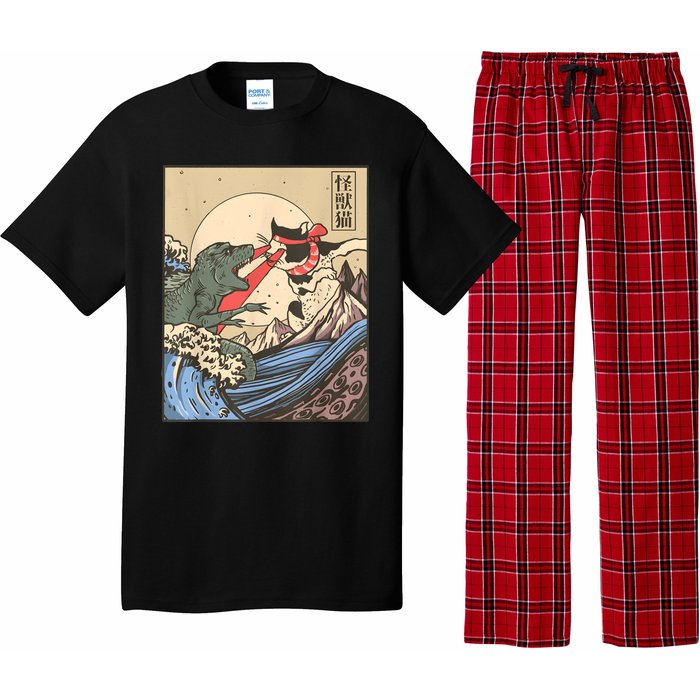 Vintage Cat Vs Monster Retro Japanese Great Wave Otaku Manga Pajama Set