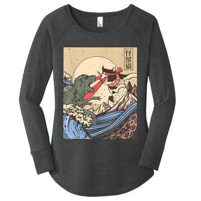 Vintage Cat Vs Monster Retro Japanese Great Wave Otaku Manga Women's Perfect Tri Tunic Long Sleeve Shirt