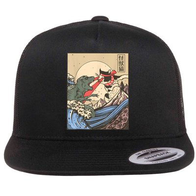 Vintage Cat Vs Monster Retro Japanese Great Wave Otaku Manga Flatbill Hat