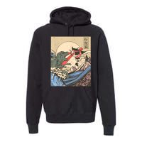 Vintage Cat Vs Monster Retro Japanese Great Wave Otaku Manga Premium Hoodie