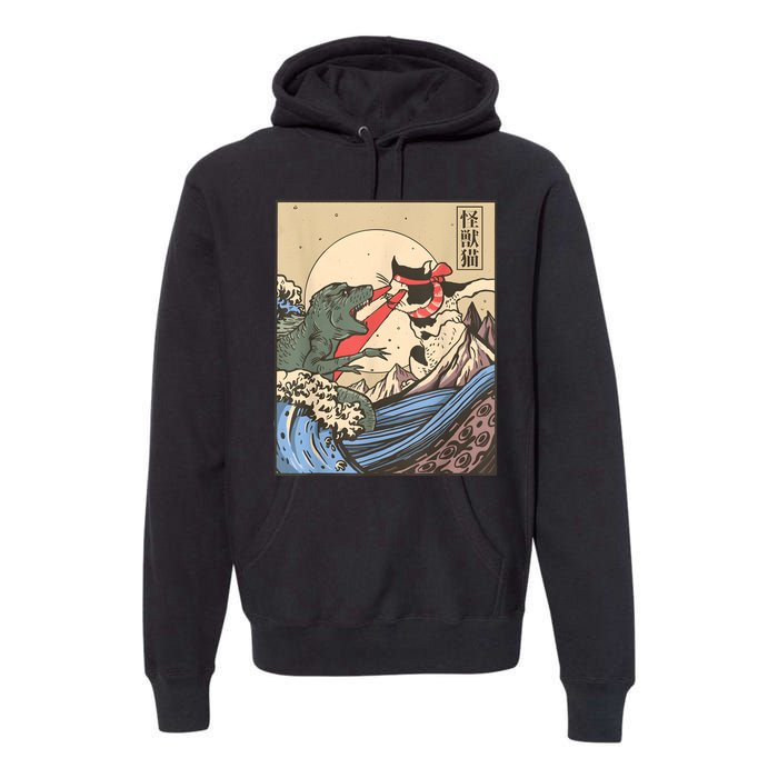 Vintage Cat Vs Monster Retro Japanese Great Wave Otaku Manga Premium Hoodie