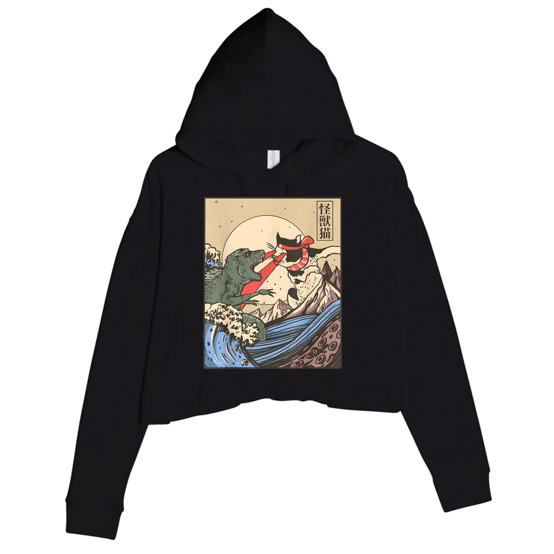 Vintage Cat Vs Monster Retro Japanese Great Wave Otaku Manga Crop Fleece Hoodie