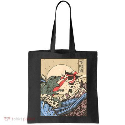Vintage Cat Vs Monster Retro Japanese Great Wave Otaku Manga Bag