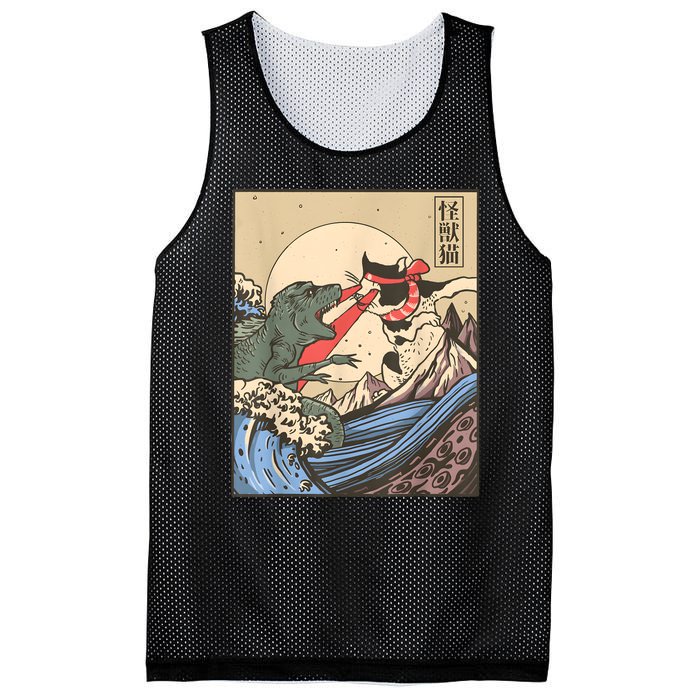 Vintage Cat Vs Monster Retro Japanese Great Wave Otaku Manga Mesh Reversible Basketball Jersey Tank