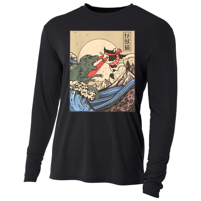 Vintage Cat Vs Monster Retro Japanese Great Wave Otaku Manga Cooling Performance Long Sleeve Crew