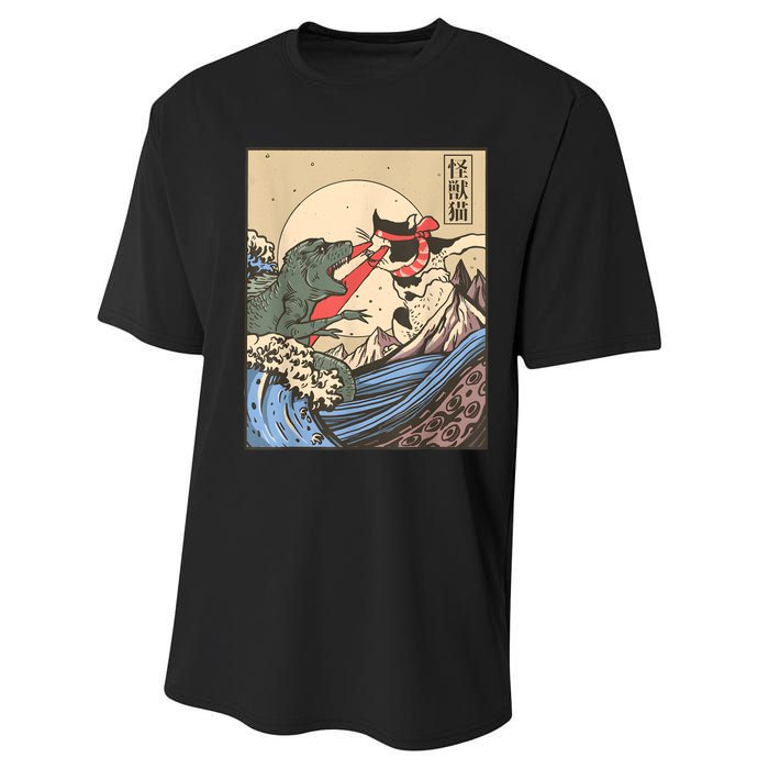 Vintage Cat Vs Monster Retro Japanese Great Wave Otaku Manga Performance Sprint T-Shirt