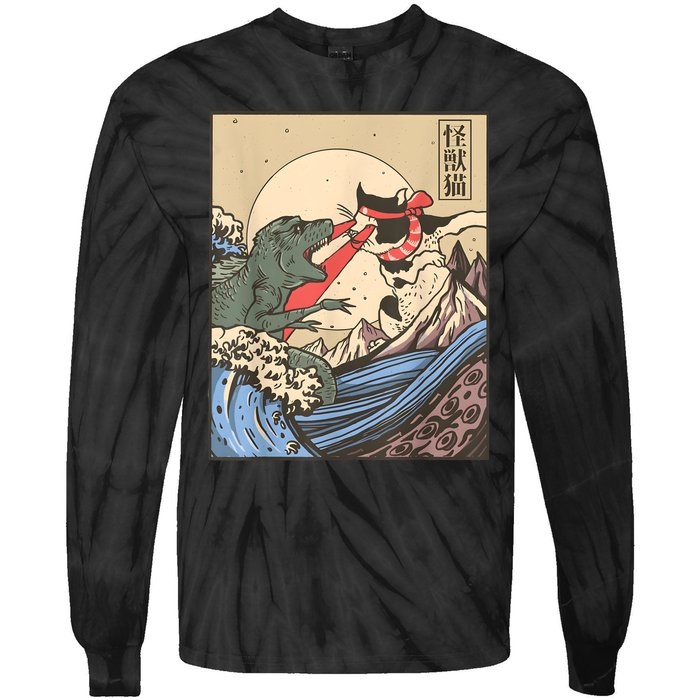 Vintage Cat Vs Monster Retro Japanese Great Wave Otaku Manga Tie-Dye Long Sleeve Shirt