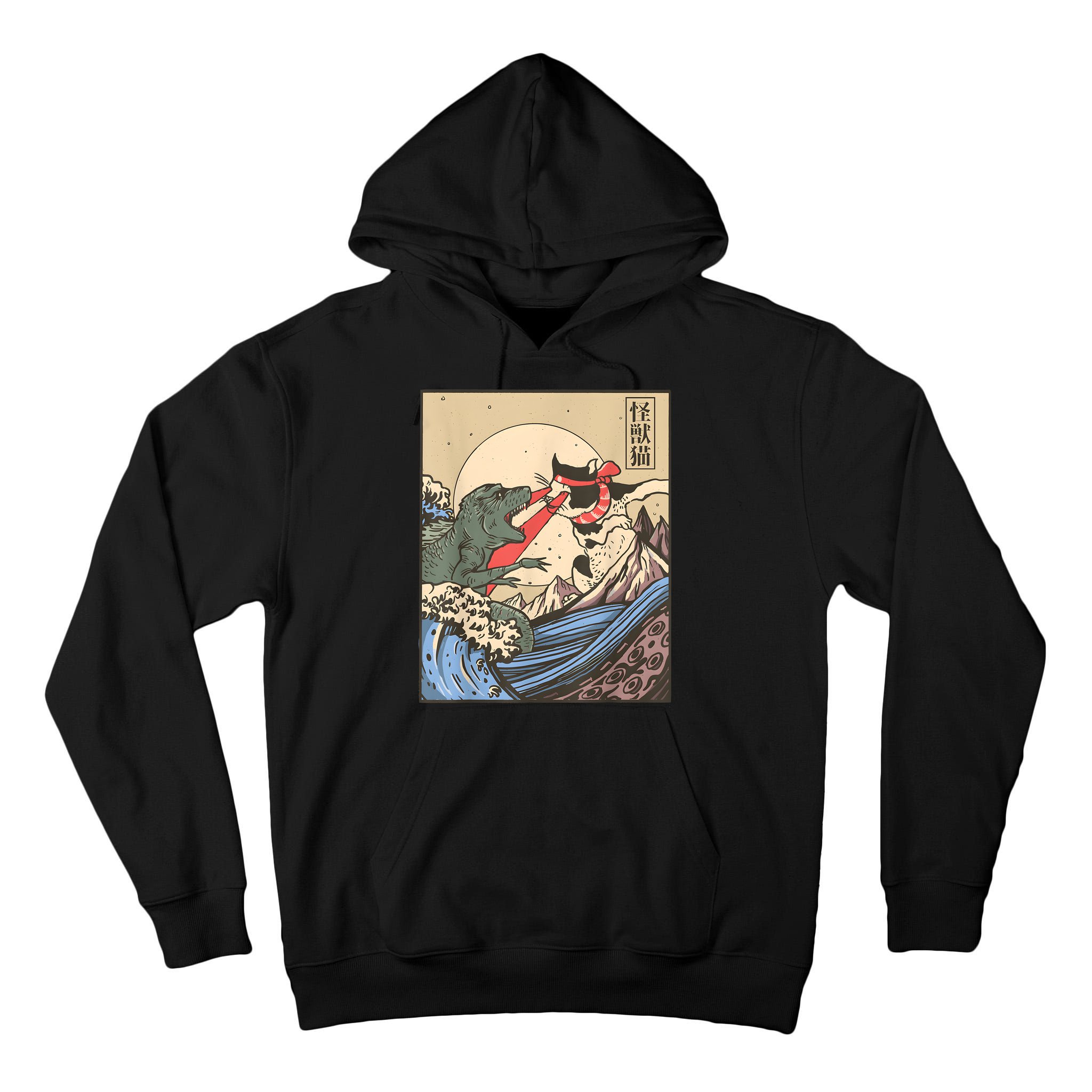 Vintage Cat Vs Monster Retro Japanese Great Wave Otaku Manga Tall Hoodie