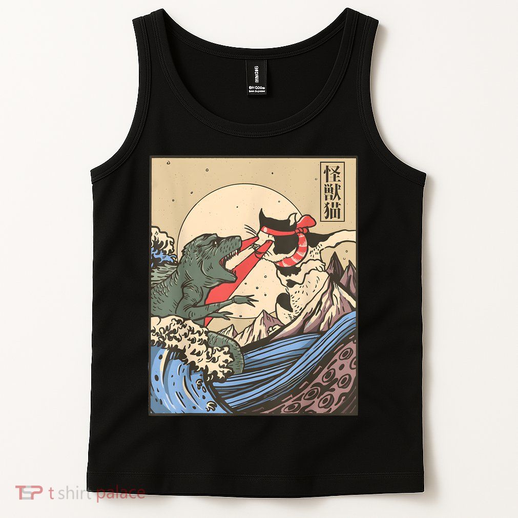 Vintage Cat Vs Monster Retro Japanese Great Wave Otaku Manga Tank Top