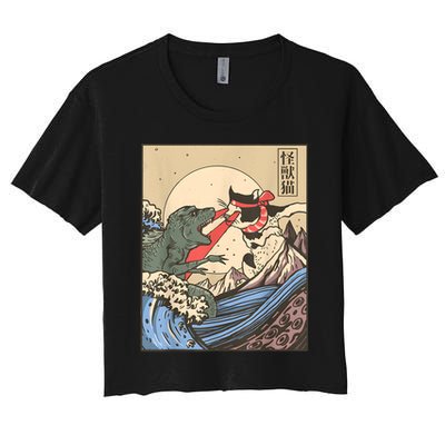 Vintage Cat Vs Monster Retro Japanese Great Wave Otaku Manga Crop Top