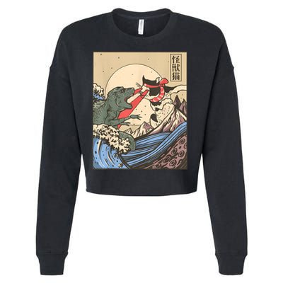 Vintage Cat Vs Monster Retro Japanese Great Wave Otaku Manga Cropped Pullover Crew