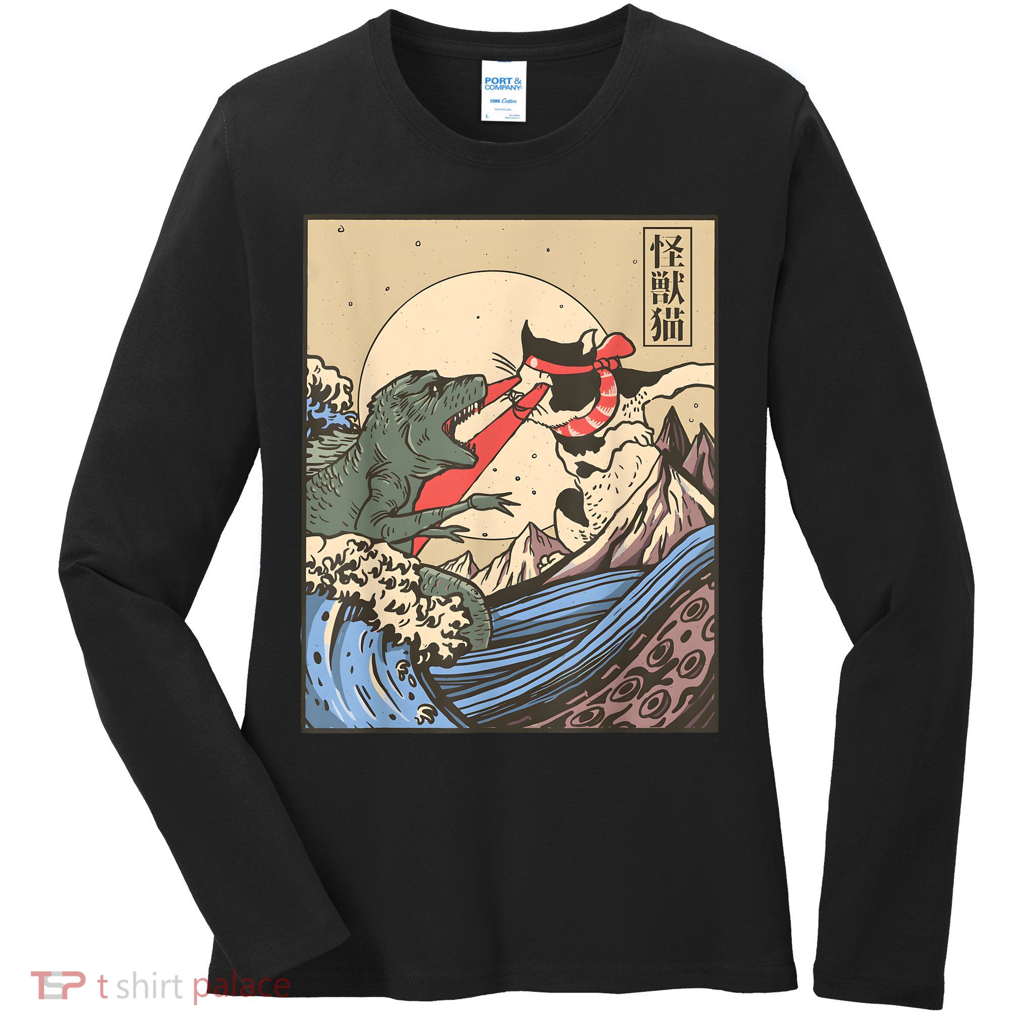 Vintage Cat Vs Monster Retro Japanese Great Wave Otaku Manga Ladies Long Sleeve Shirt