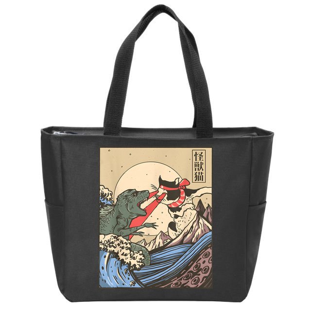 Vintage Cat Vs Monster Retro Japanese Great Wave Otaku Manga Zip Tote Bag