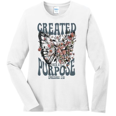 Vintage Created With A Purpose Butterfly Floral Ladies Long Sleeve Shirt