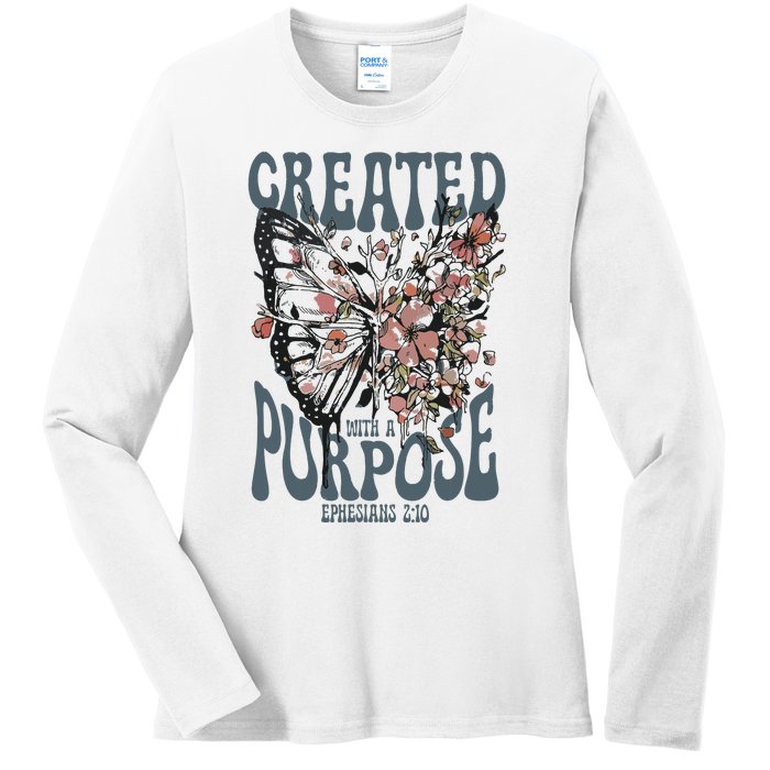 Vintage Created With A Purpose Butterfly Floral Ladies Long Sleeve Shirt