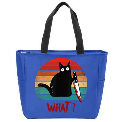 Vintage Cat What? Funny Black Cat Murderous Cat With Knife Gift Zip Tote Bag